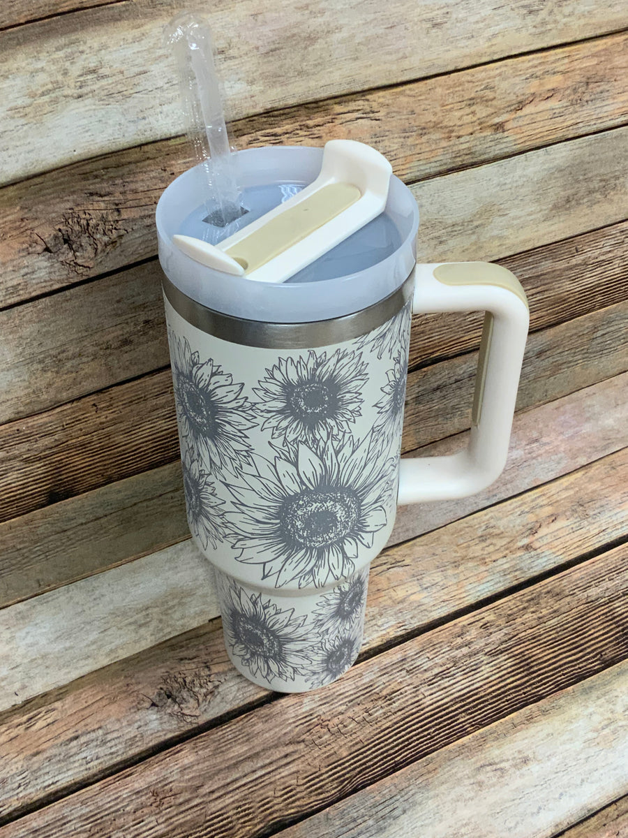 40oz Tumbler With Handle, Engraved, Sunflower, Floral 