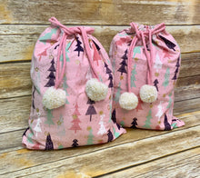 Posh Pink Medium Size Santa Sacks with Christmas Trees, Gold and White Pom Pom Drawstrings