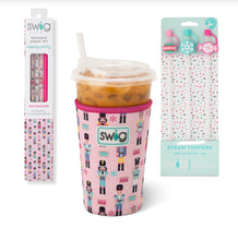 Stocking Stuffer Swig Bundle with Insulated Coolie, 7pc set of Reusable Straws and 3pc set of Festive Matching Straw Toppers.