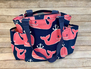 Preppy Whale Organizer Tote/ Caddy on Navy Canvas with Navy Trim