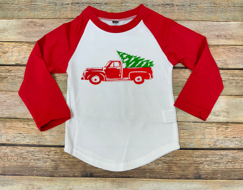 Kids Christmas Tree Truck Long Sleeve Raglan Close Out