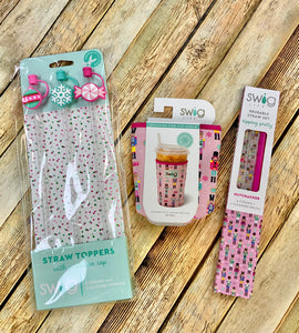 Stocking Stuffer Swig Bundle with Insulated Coolie, 7pc set of Reusable Straws and 3pc set of Festive Matching Straw Toppers.