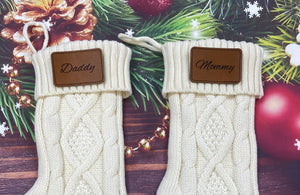 Christmas Cable Knit Stocking with Engraved Leather Patch