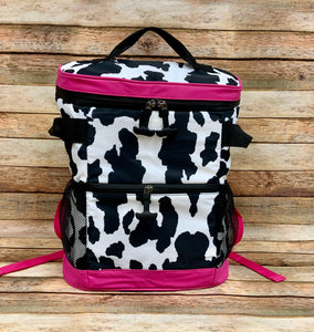 Cow Print Backpack Cooler with Pink Trim