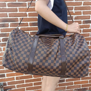 Brown Check Faux Leather Duffle Style Weekender with Shoulder Strap