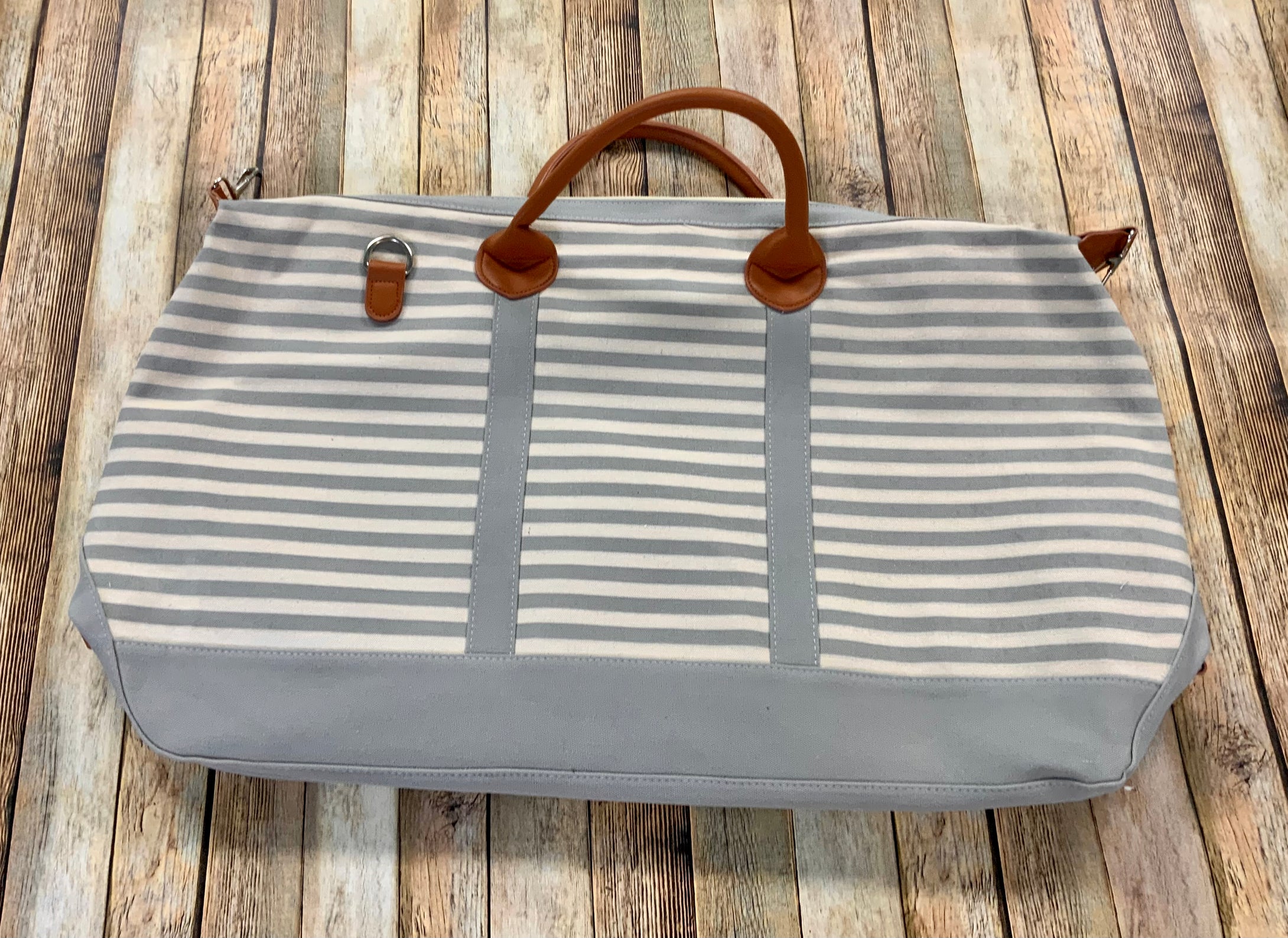 Grey and Canvas Striped Weekender with Shoulder Strap(flaw)