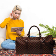 Brown Check Faux Leather Duffle Style Weekender with Shoulder Strap