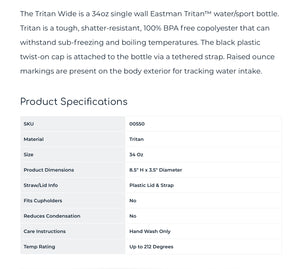 Eastman Tritan 34 oz Wide Mouth Sports Water Bottle