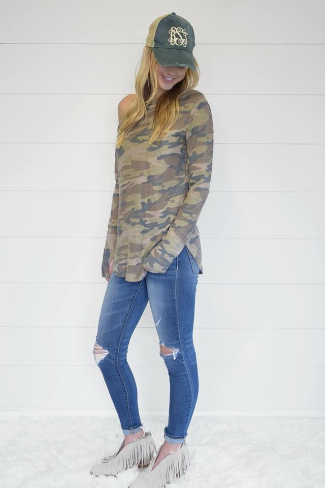 Camouflage off the shoulder thumbhole Boutique top
