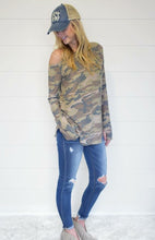 Camouflage off the shoulder thumbhole Boutique top