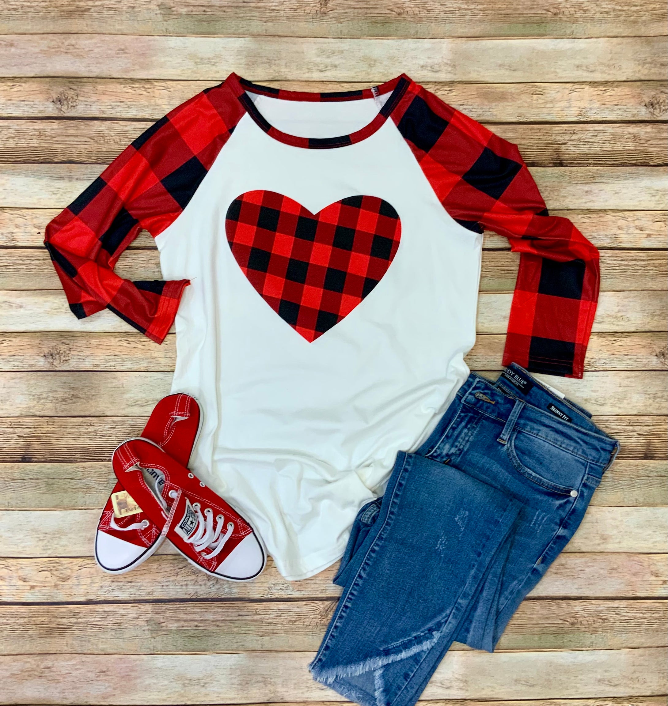 Buffalo Plaid Heart 3/4 Sleeve Raglan