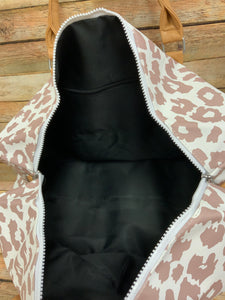 Jolie White and Tan Leopard Weekender Bag with Shoulder Strap