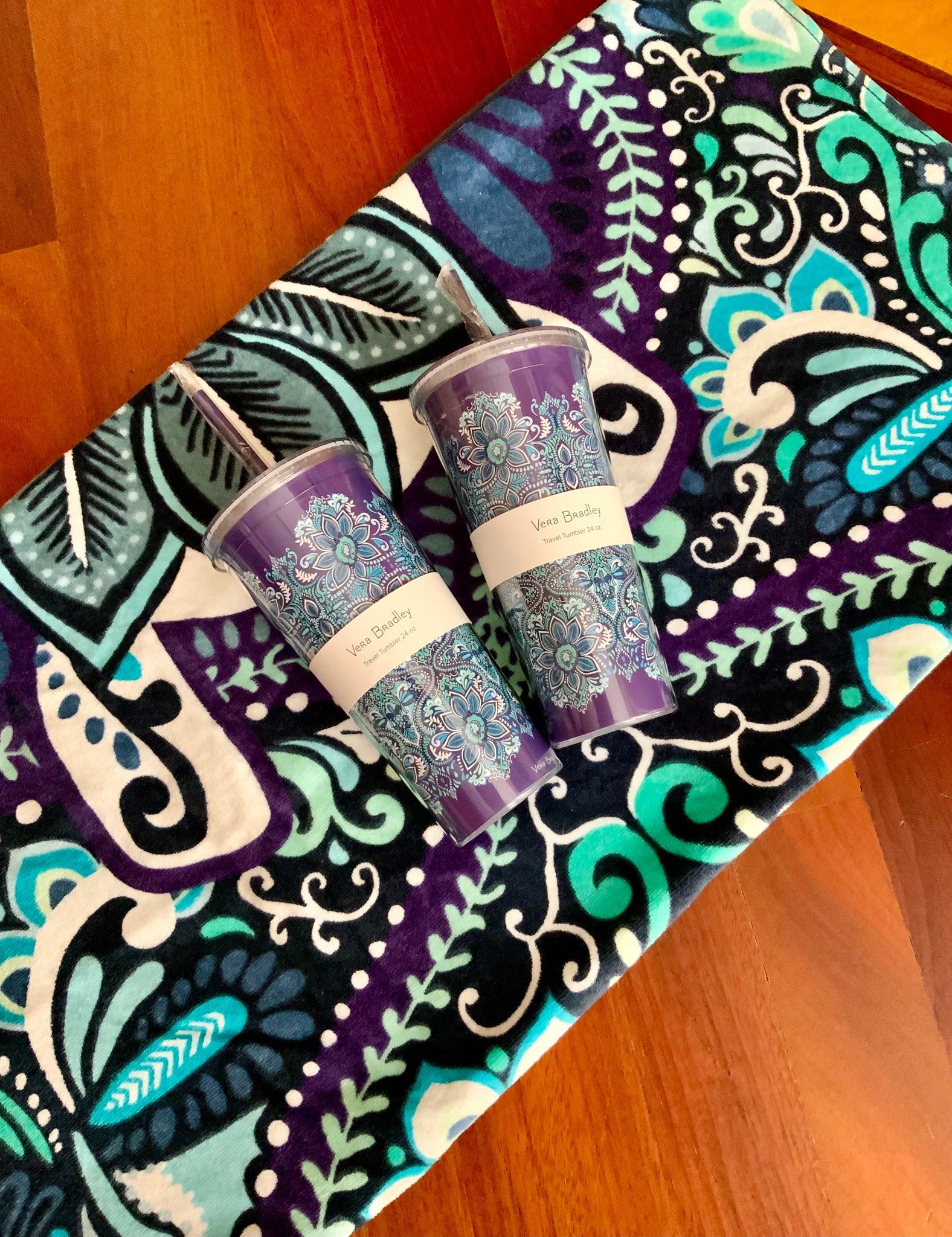 Vera Bradley Travel Tumbler with Lid and Straw, 24 Ounce Insulated Cup,  Purple Floral Plastic Double Wall Tumbler, Lavender Meadow