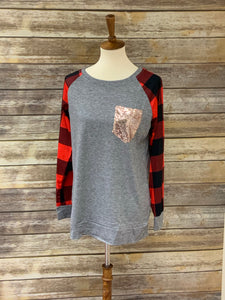 Sequin Pocket Plaid Long Sleeve Raglans