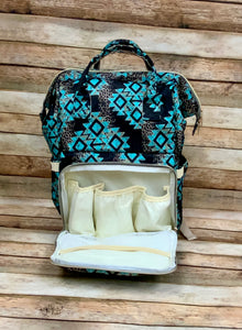 Western Star Aztec Turquoise Leopard and Black Diaper Bag Backpack