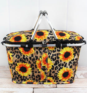 Sunflower and Leopard Insulated Collapsible Cooler/Tote/Market/ Picnic Basket (NGIL Brand)