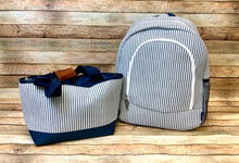 Navy and White Stripe Seersucker Back Pack and Lunch Bag