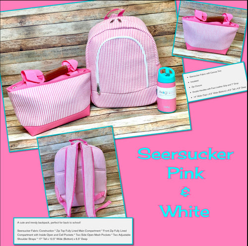 Pink and White Stripe Seersucker Backpack and Lunch Bag