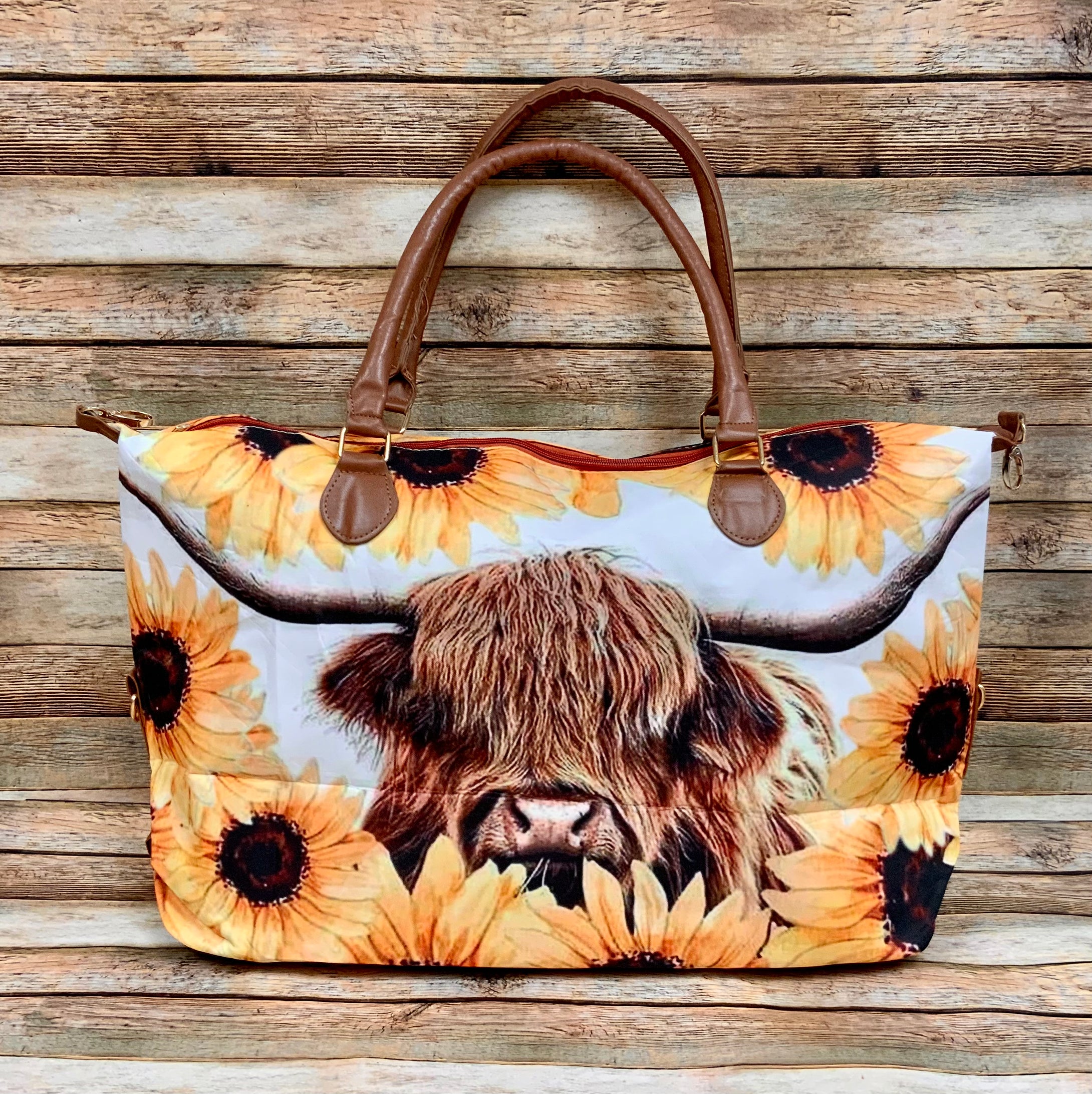 Highland Cow and Sunflowers On White Weekender with Faux Leather Handles