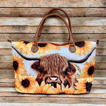 Highland Cow and Sunflowers On White Weekender with Faux Leather Handles
