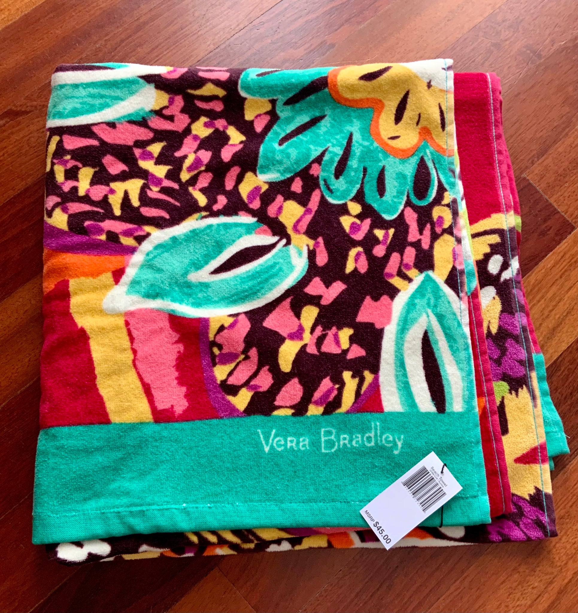 NWT Vera Bradley Large Beach Towel Bright RUMBA Design Teal Floral 33” X 66”