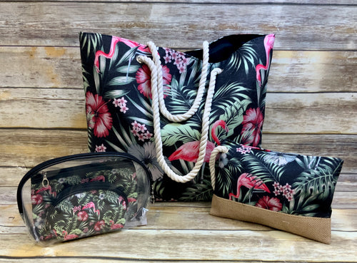 Tropical Flamingo Collection (Sold Separate) Tote, Travel Wristlet and 3 pc Travel Pouch