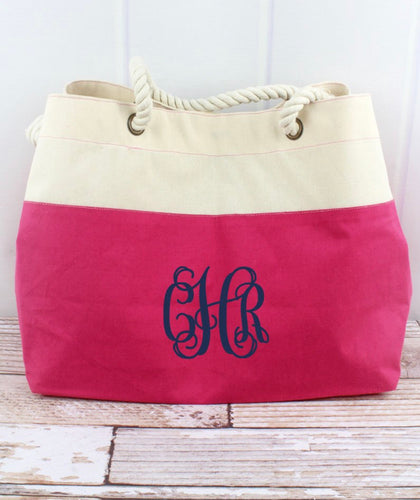 Color Block Hot Pink and Natural Canvas Tote with Rope Handle 18x14x9