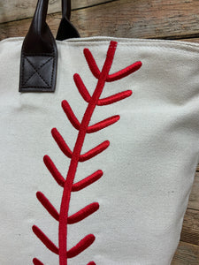 Canvas Baseball Tote with Embroidered Laces and Faux Leather Straps