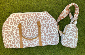 Jolie White and Tan Leopard Weekender Bag with Shoulder Strap by