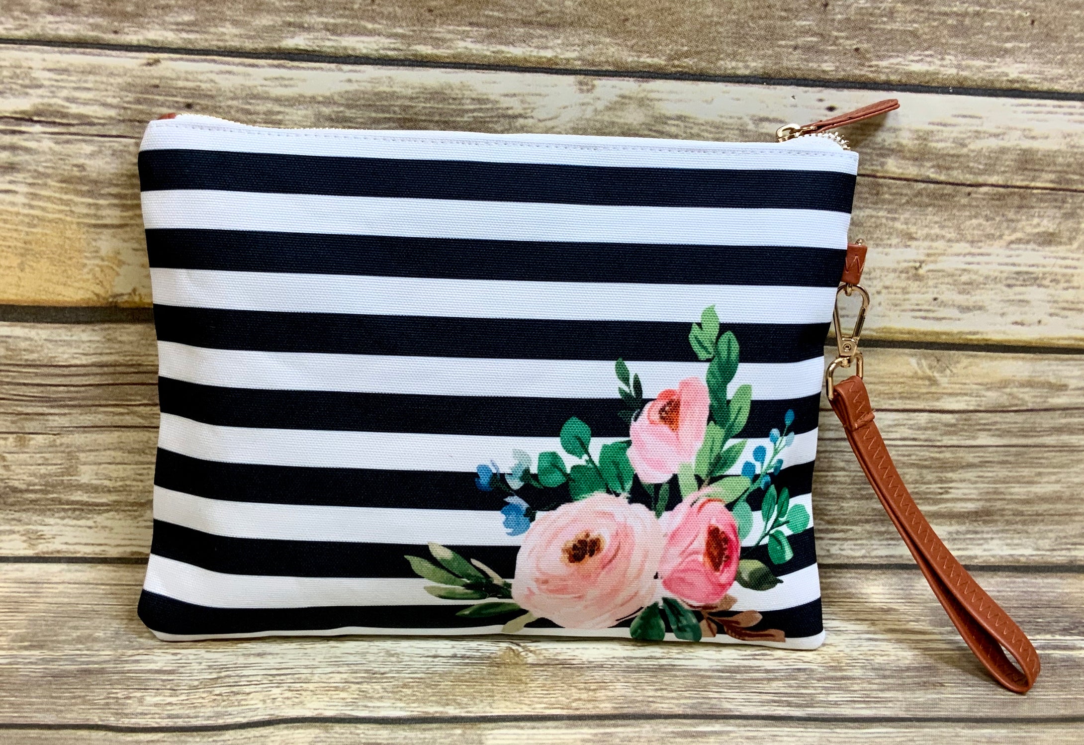 Black and White Stripe Floral High Quality Collection (tote and wristlet) sold separately