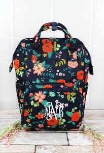 Preppy Floral Blossoms on Navy with Navy Trim Diaper Bag BackPack