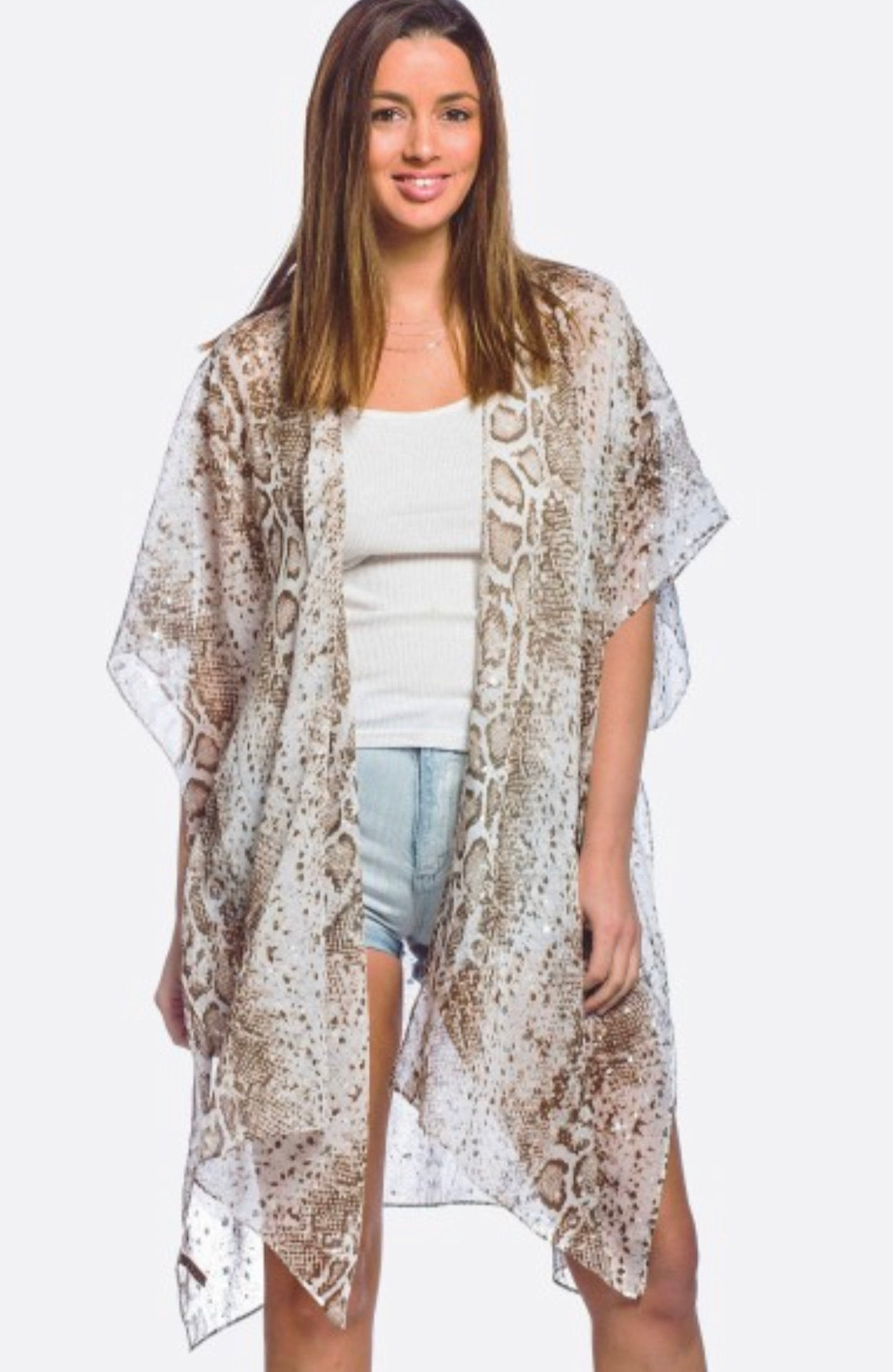 Lightweight Sheer Snakeskin Kimono with Silver Accents