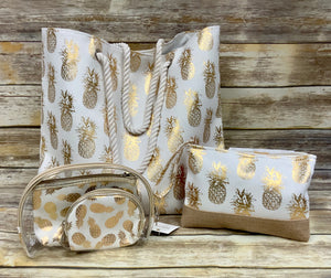 Metallic Pineapple Collection (all sold Separate) Tote, 3 pc travel pouch and travel wristlet.