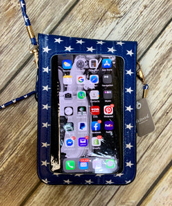Cell Phone Cross Body Faux Leather Bag (Baseball, Softball and Flag)