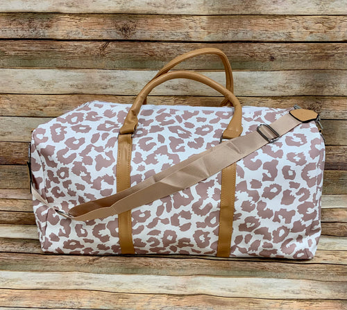 Jolie White and Tan Leopard Weekender Bag with Shoulder Strap