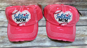 Softball Mom Embroidered Distressed Caps