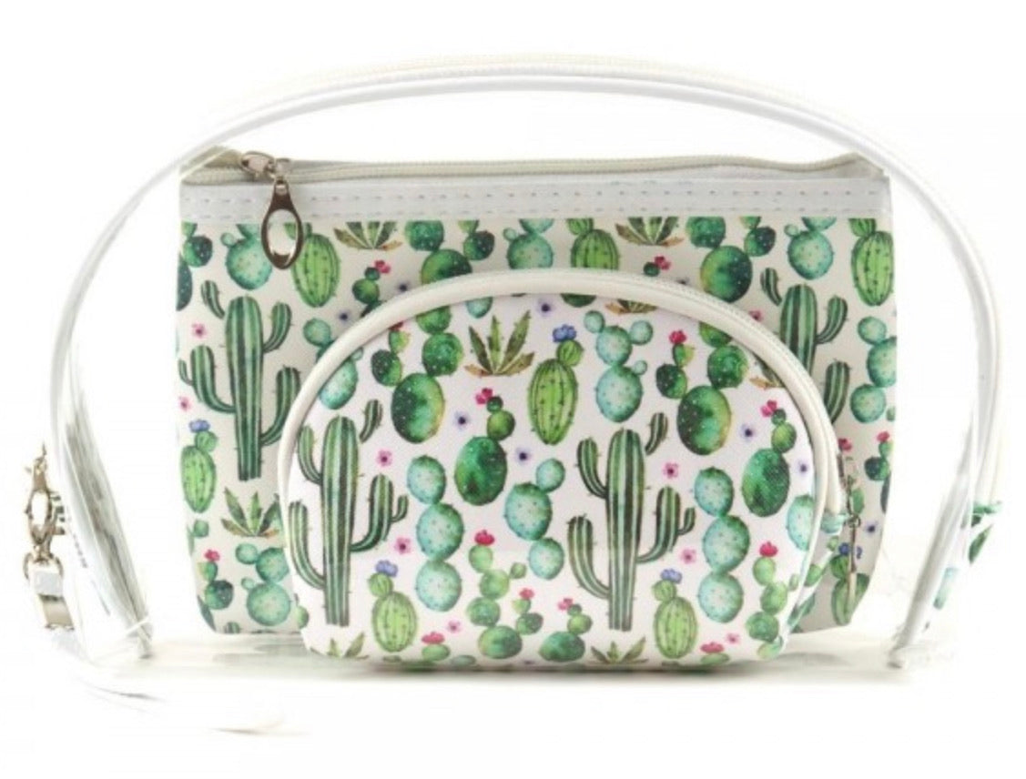 Cactus/ Green/White 3 pc Travel Pouch set with a 6in detachable strap
