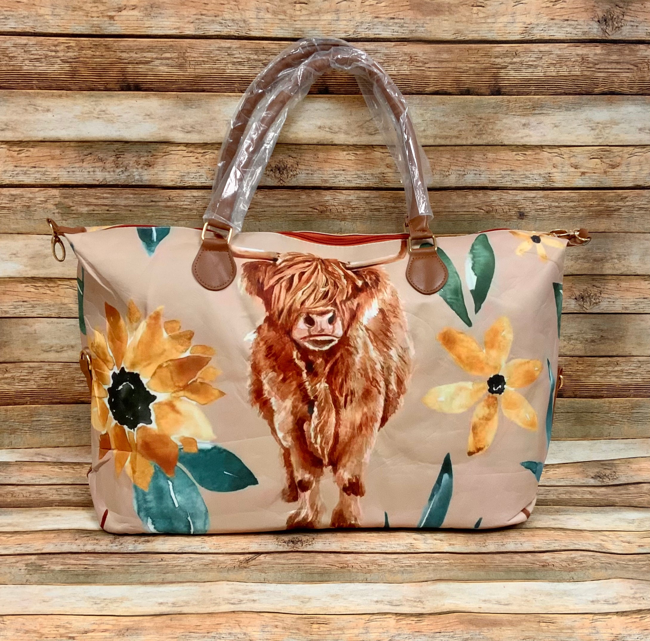 Rustic Highland Cow and Sunflowers on a Tan Weekender