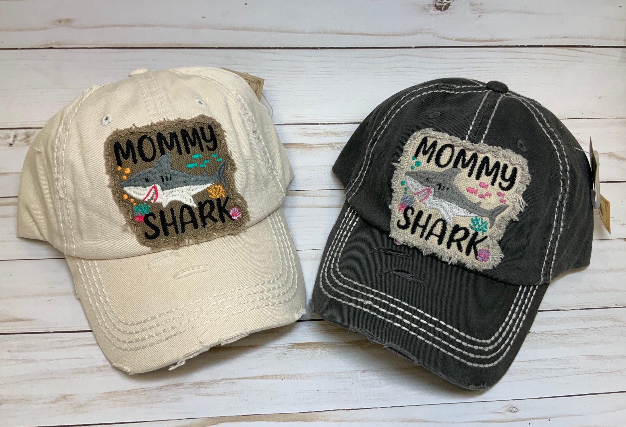 Mommy Shark Distressed Embroidered Patch Baseball Caps