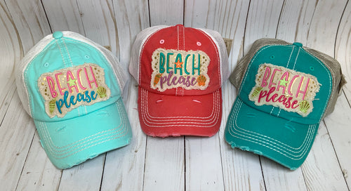 Beach Please Embroidered Patch Distressed Baseball Style Cap
