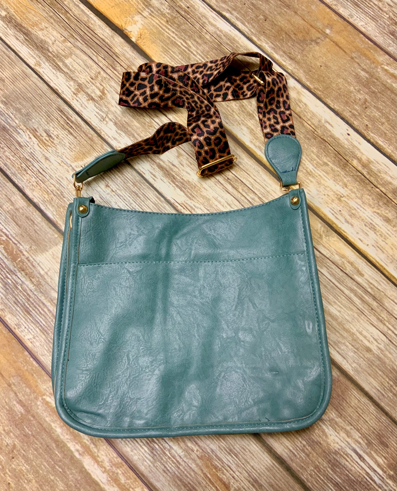 Navy Leather Crossbody Bag and Green Cheetah Strap