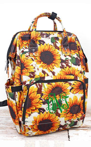 Sunflower Farm Diaper Bag Back Pack (sunflower and brown cow print) (High Quality Canvas NGIL Brand)