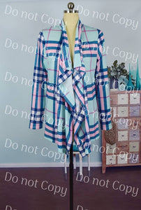 Light Blue and Pink Plaid Light Weight Cardigan